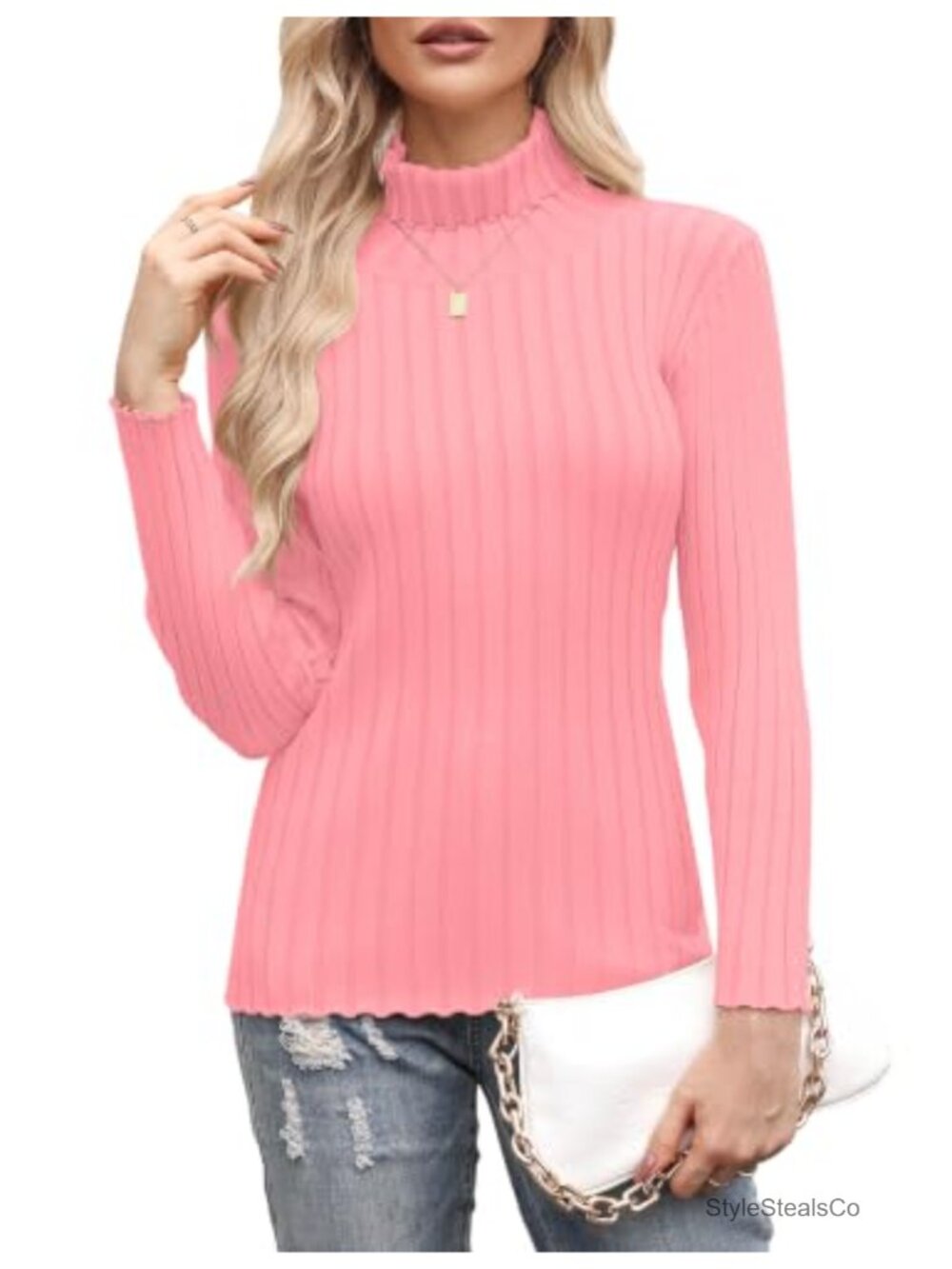 Ribbed Knit Turtleneck Sweater Long Sleeve Pullover Ruffle Trim